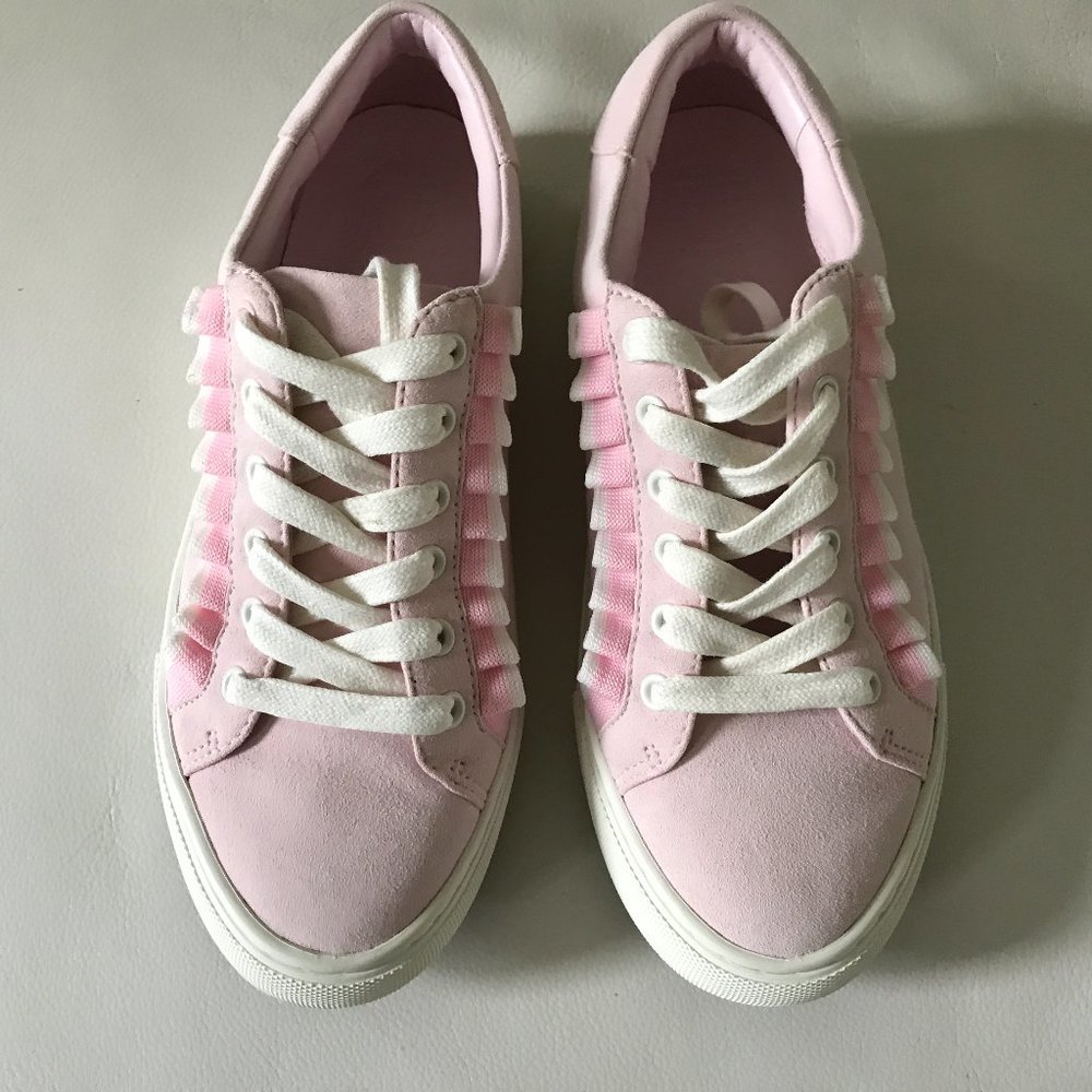 Tory Sport women ruffle sneakers, shoes, light pink, suede leather, Sz 6.5